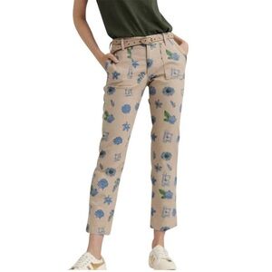 Lucky Brand Beige Straight Leg Pants with Blue Floral Design Sz 28
